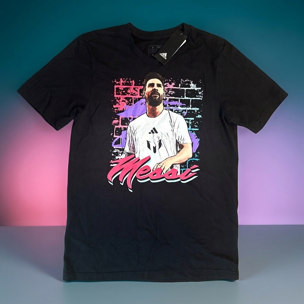 adidas Lionel Messi Soccer Mural Graphic T Shirt Mens M Black Pink NWT